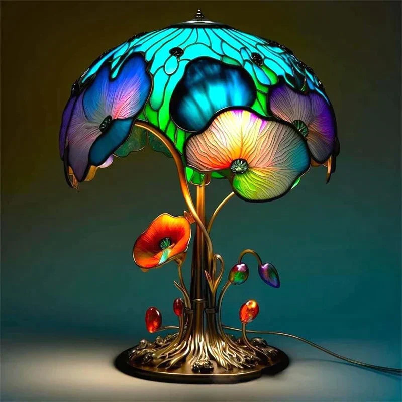 Artisan Stained Glass Table Lamp – Vintage Floral Design for Bedroom